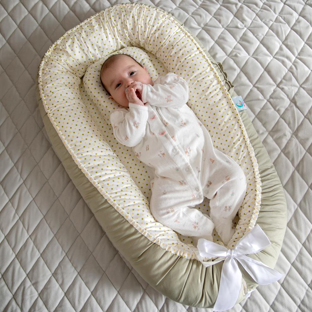 Bitsy-Boo Newborn Bed Nest Baby Lounger Grey Polka Khaki - Bitsy-Boo Shop