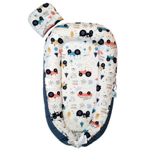 Load image into Gallery viewer, Bitsy-Boo Newborn Bed Nest Baby Lounger Cars Blue
